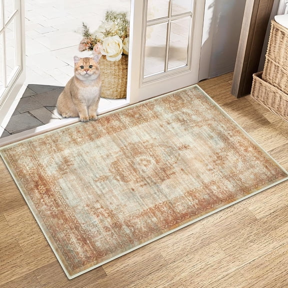 Area Rug 2x3 Entryway Rug - Machine Washable Vintage Boho Area Rug Non-Slip Kitchen Rug Soft Stain Resistant Indoor Door Mat, Small Oriental Throw Rug for Entrance Hallway Bedroom (Beige, 2''x3'')