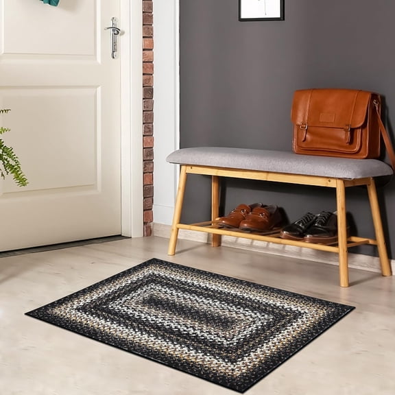 Area Rug 2x3 Washable Rug Door Mat Print Braided Distressed Rugs Non Slip Doormat Indoor Entrance Thin Rug for Entryway Kitchen Bathroom Bedroom, Black/ 2'× 3'