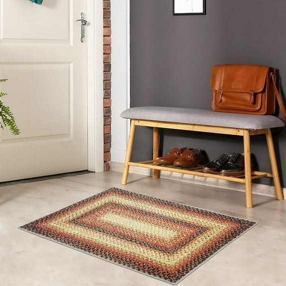 Area Rug 2x3 Washable Rug Door Mat Print Braided Distressed Rugs Non Slip Doormat Indoor Entrance Thin Rug for Entryway Kitchen Bathroom Bedroom, Red/ 2'× 3'