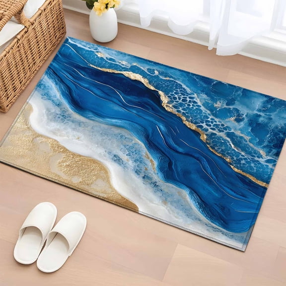 Area Rug 2x3ft, Abstract Beach Ocean Wave Washable Rugs for Living Room Bedroom, Sea Shore Spray Blue Golden Soft Non-slip Area Rugs Rectangle Floor Carpet for Dining Room
