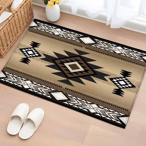 Area Rug 2x3ft Abstract Boho Brown Geometric Pattern Area Rugs Washable Low Pile Floor Carpet for Bedroom, Retro Southwest Theme Non Slip Soft Rugs for Living Room Entryway Dining Room