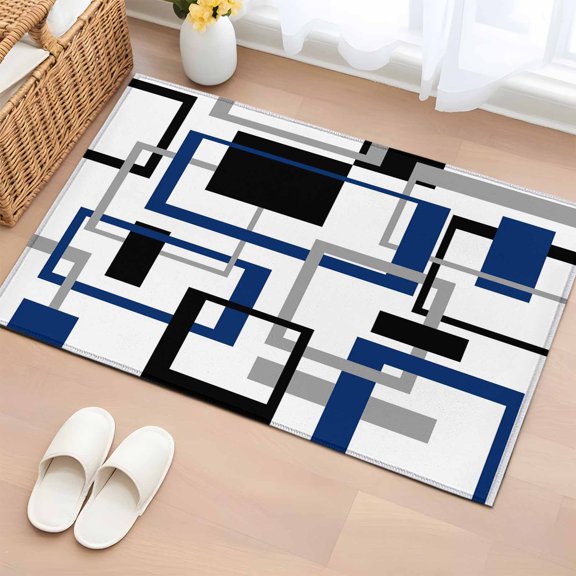 Area Rug 2x3ft Abstract Geometric Squares Area Rugs Washable Low Pile Floor Carpet for Bedroom, Modern Blue Lines Art Non Slip Soft Rugs for Living Room Entryway Dining Room