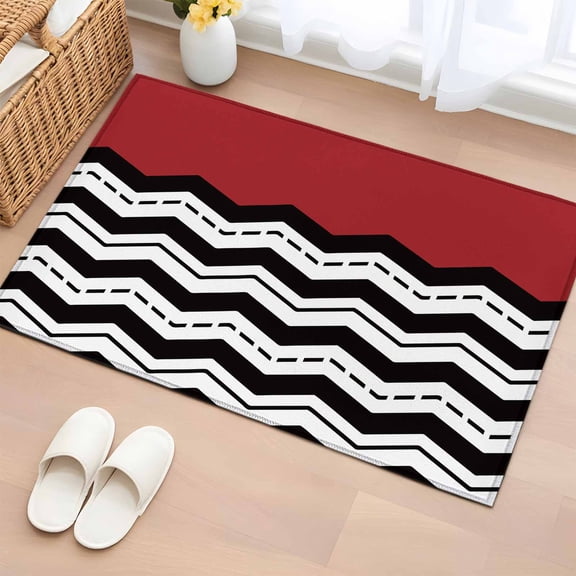 Area Rug 2x3ft Abstract Geometric Waves Stripe Area Rugs Washable Low Pile Floor Carpet for Bedroom, Simple Red Stripes Non Slip Soft Rugs for Living Room Entryway Dining Room