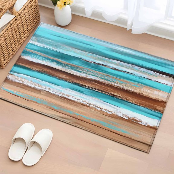Area Rug 2x3ft Abstract Gradient Beach Scene Area Rugs Washable Low Pile Floor Carpet for Bedroom, Turquoise Sea Wave Sandbeach Non Slip Soft Rugs for Living Room Entryway Dining Room