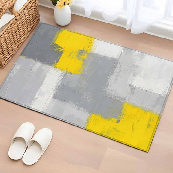 Area Rug 2x3ft, Abstract Gray Yellow Washable Rugs for Living Room Bedroom, Modern Minimalist Theme Soft Non-slip Area Rugs Rectangle Floor Carpet for Dining Room