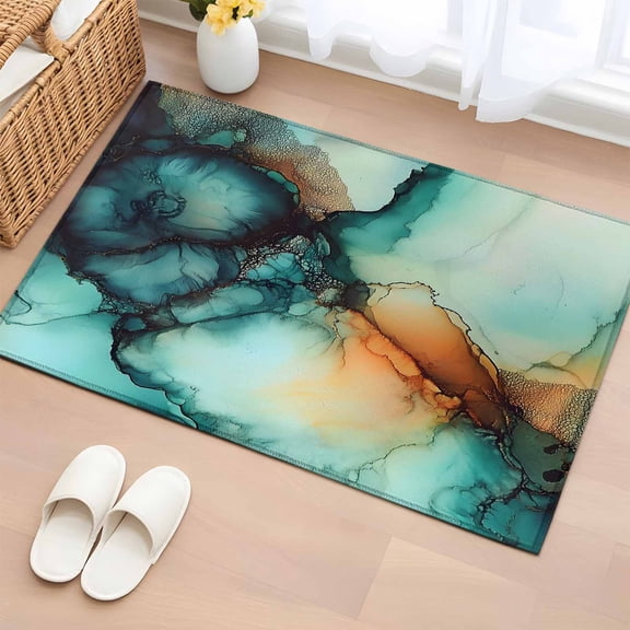 Area Rug 2x3ft, Abstract Marble Pattern Teal Waves Washable Rugs for Living Room Bedroom, Modern Texture Art Soft Non-slip Area Rugs Rectangle Floor Carpet for Dining Room