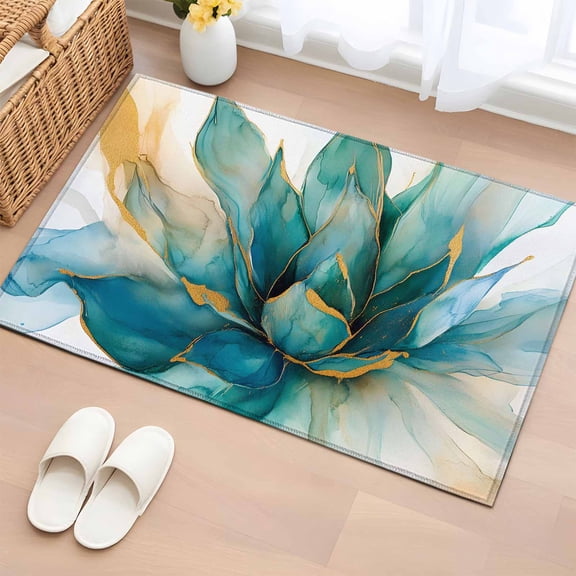 Area Rug 2x3ft Abstract Marble Stone Flower Area Rugs Washable Low Pile Floor Carpet for Bedroom, Teal Botanical Plant Texture Non Slip Soft Rugs for Living Room Entryway Dining Room