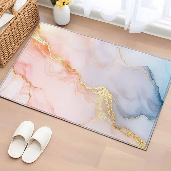 Area Rug 2x3ft Abstract Marble Stone with Gold Stripe Area Rugs Washable Low Pile Floor Carpet for Bedroom, Pink Blue Ombre Agate Texture Non Slip Soft Rugs for Living Room Entryway Dining Room