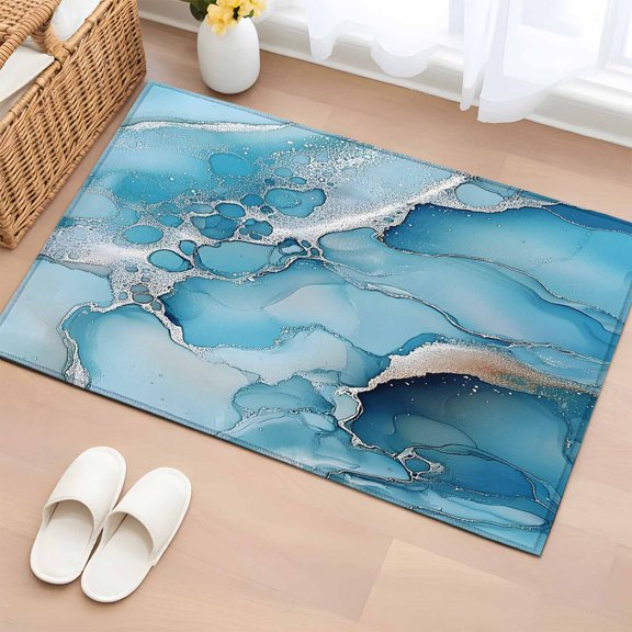 Area Rug 2x3ft Abstract Marble Texture Seamless Area Rugs Washable Low Pile Floor Carpet for Bedroom, Gradient Blue Waves Non Slip Soft Rugs for Living Room Entryway Dining Room