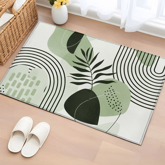 Area Rug 2x3ft Abstract Mid Century Green Color Block Area Rugs Washable Low Pile Floor Carpet for Bedroom, Minimalist Boho Leaf Non Slip Soft Rugs for Living Room Entryway Dining Room