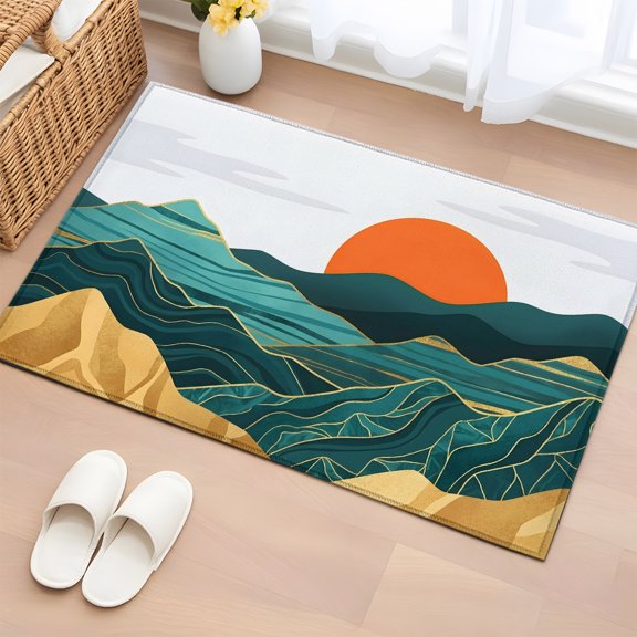 Area Rug 2x3ft Abstract Mountain Range Sun Area Rugs Washable Low Pile Floor Carpet for Bedroom, Vintage Boho Art Non Slip Soft Rugs for Living Room Entryway Dining Room