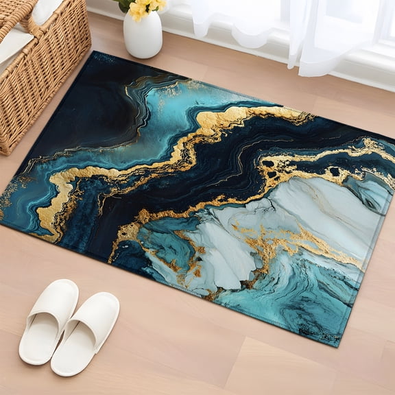 Area Rug 2x3ft Abstract Natural Marble Teal Black Area Rugs Washable Low Pile Floor Carpet for Bedroom, Gold Stripe Crack Stone Non Slip Soft Rugs for Living Room Entryway Dining Room