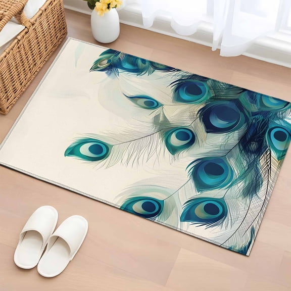 Area Rug 2x3ft Abstract Peacock Feather Area Rugs Washable Low Pile Floor Carpet for Bedroom, Realistic Animal Texture Non Slip Soft Rugs for Living Room Entryway Dining Room