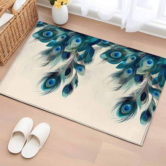 Area Rug 2x3ft Abstract Peacock Feather on Beige Area Rugs Washable Low Pile Floor Carpet for Bedroom, Animal Plume Art Non Slip Soft Rugs for Living Room Entryway Dining Room