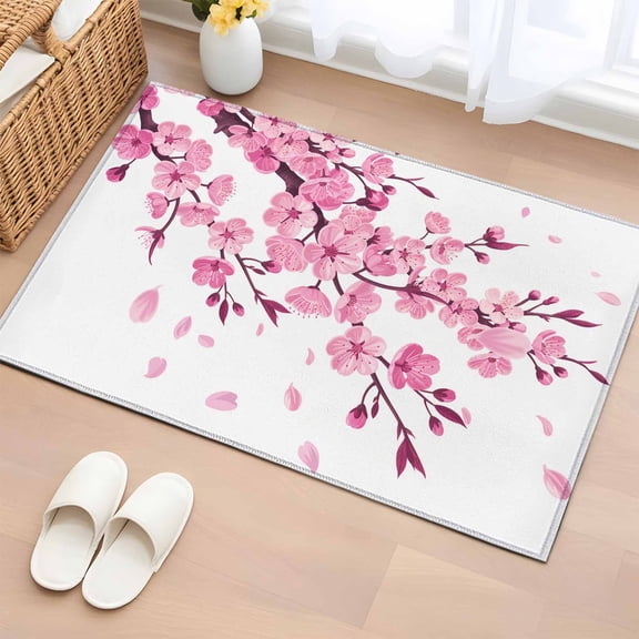 Area Rug 2x3ft, Abstract Pink Cherry Blossom Flower on White Washable Rugs for Living Room Bedroom, Floral Soft Non-slip Area Rugs Rectangle Floor Carpet for Dining Room