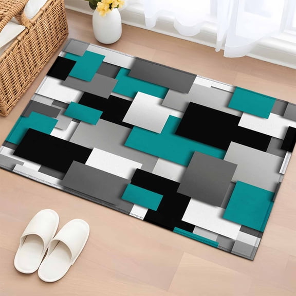 Area Rug 2x3ft Abstract Teal Black Gray White Square Area Rugs Washable Low Pile Floor Carpet for Bedroom, Modern Geometric Art Non Slip Soft Rugs for Living Room Entryway Dining Room