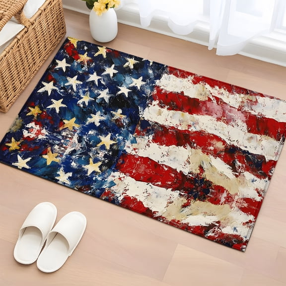 Area Rug 2x3ft Abstract USA Flag Stripe Star Area Rugs Washable Low Pile Floor Carpet for Bedroom, July 4th Theme Oil Painting Art Non Slip Soft Rugs for Living Room Entryway Dining Room