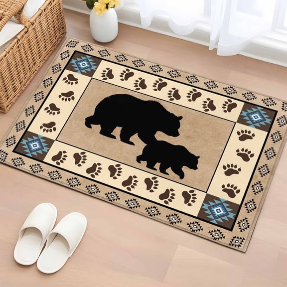 Area Rug 2x3ft Autumn Black Bear Footprints Area Rugs Washable Low Pile Floor Carpet for Bedroom, Geometric Boho Artwork Non Slip Soft Rugs for Living Room Entryway Dining Room