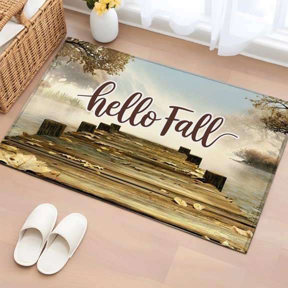 Area Rug 2x3ft, Autumn Maple Leaf Retro Plank Washable Rugs for Living Room Bedroom, Watercolor Lake Vintage Bridge Soft Non-slip Area Rugs Rectangle Floor Carpet for Dining Room