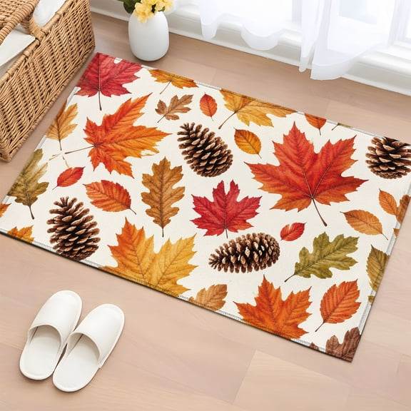 Area Rug 2x3ft Autumn Maple Leaf Thanksgiving Pine Cone Area Rugs Washable Low Pile Floor Carpet for Bedroom, Orange Leaves Seamless Non Slip Soft Rugs for Living Room Entryway Dining Room