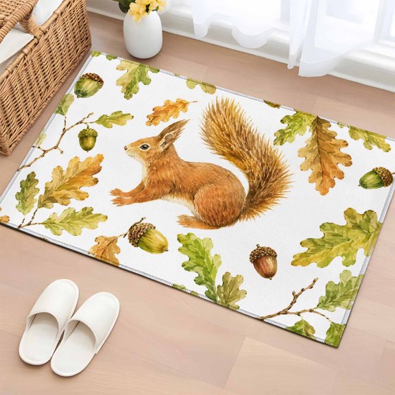 Area Rug 2x3ft Autumn Squirrel Pine Cone Leaf Area Rugs Washable Low Pile Floor Carpet for Bedroom, Farmhouse Fall Animal Plant Non Slip Soft Rugs for Living Room Entryway Dining Room