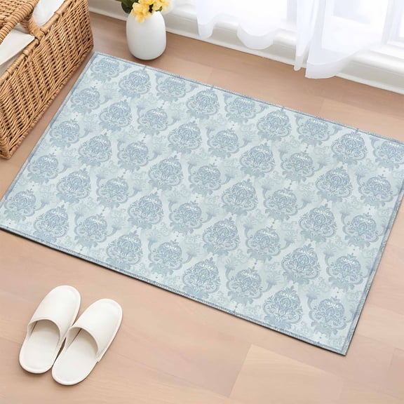 Area Rug 2x3ft, Baroque Blue Floral Pattern Washable Rugs for Living Room Bedroom, Mid Century Exquisite Flower Soft Non-slip Area Rugs Rectangle Floor Carpet for Dining Room