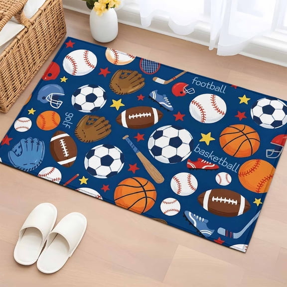 Area Rug 2x3ft, Basketball Baseball Football Washable Rugs for Living Room Bedroom, Energetic Sports Theme on Blue Soft Non-slip Area Rugs Rectangle Floor Carpet for Dining Room