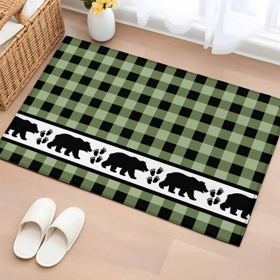 Area Rug 2x3ft Bear Footprints Green Buffalo Plaid Carpets Indoor Floor Area Mat Doormat Entrance Mat Rugs for Entry Living Room Dining Room Kitchen Bedroom, Forest Animals Sofa Throw Carpet