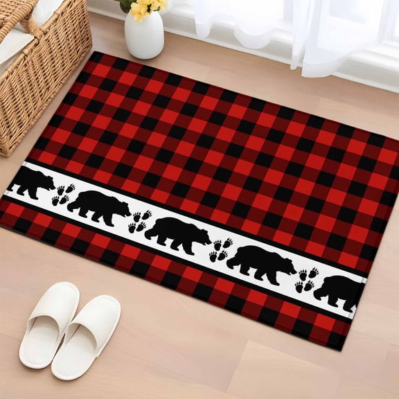 Area Rug 2x3ft Bear Footprints Red Buffalo Plaid Carpets Indoor Floor Area Mat Doormat Entrance Mat Rugs for Entry Living Room Dining Room Kitchen Bedroom, Forest Animals Sofa Throw Carpet