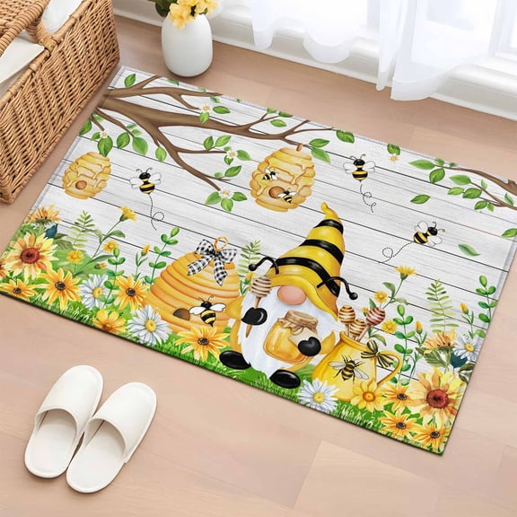 Area Rug 2x3ft Bee Gnome Carpets Indoor Floor Area Mat Doormat Entrance Mat Rugs for Entry Living Room Dining Room Kitchen Bedroom, Sunflower Daisy Flower Wood Honeycomb Sofa Throw Carpet