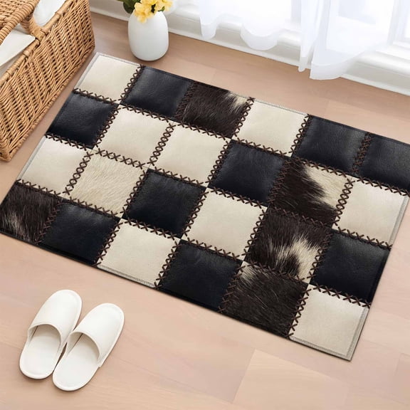 Area Rug 2x3ft Black Animal Fur Carpets Indoor Floor Area Mat Doormat Entrance Mat Rugs for Entry Living Room Dining Room Kitchen Bedroom, Leather Patchwork Checked Sofa Throw Carpet