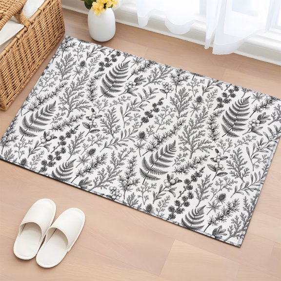 Area Rug 2x3ft Black Botanical Leaves Pattern Area Rugs Washable Low Pile Floor Carpet for Bedroom, Fern Plant Berry Branch Non Slip Soft Rugs for Living Room Entryway Dining Room