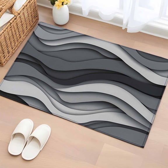 Area Rug 2x3ft Black Grey White Abstract Waves Area Rugs Washable Low Pile Floor Carpet for Bedroom, Gradient Shape Non Slip Soft Rugs for Living Room Entryway Dining Room