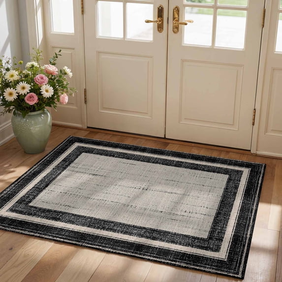 Area Rug 2x3ft Black Stripe Border Low Pile Washable Rug Soft Cushioned ...