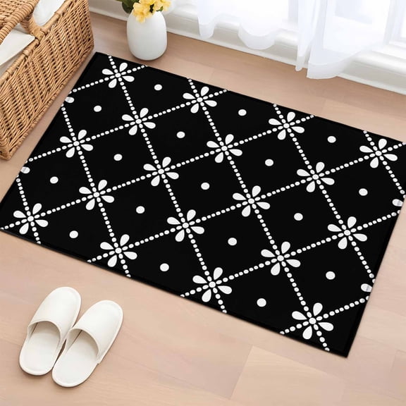 Area Rug 2x3ft, Black and White Lattice Flower Washable Rugs for Living Room Bedroom, Delicate Polka Dots Soft Non-slip Area Rugs Rectangle Floor Carpet for Dining Room