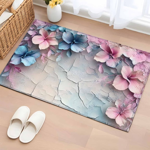 Area Rug 2x3ft Blossom Flower Retro Mottled Wall Area Rugs Washable Low Pile Floor Carpet for Bedroom, Watercolor Pink Blue Floral Non Slip Soft Rugs for Living Room Entryway Dining Room