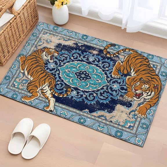 Area Rug 2x3ft Blue Boho Tiger Carpets Indoor Floor Area Mat Doormat Entrance Mat Rugs for Entry Living Room Dining Room Kitchen Bedroom, Bohemian Animal Print Sofa Throw Carpet