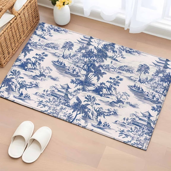 Area Rug 2x3ft Blue Chinoiserie Garden Pavilion Area Rugs Washable Low Pile Floor Carpet for Bedroom, Asian Scenic Hill Boat Plant Non Slip Soft Rugs for Living Room Entryway Dining Room