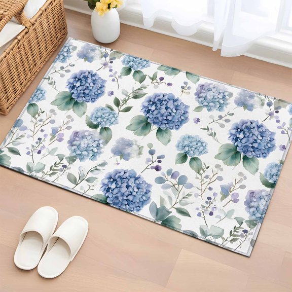 Area Rug 2x3ft Blue Flower Hydrangea Eucalyptus Leaf Area Rugs Washable Low Pile Floor Carpet for Bedroom, Watercolor Floral Seamless Non Slip Soft Rugs for Living Room Entryway Dining Room