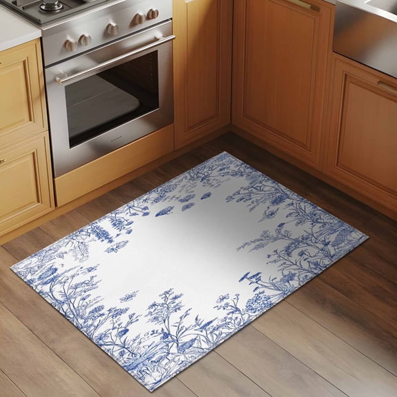 Area Rug 2x3ft Blue Flower Washable Area Rugs for Living Room Blue Theme Non-Slip Kitchen Mats Soft Carpet for Entryway, Bathroom, Office, and Home Decor