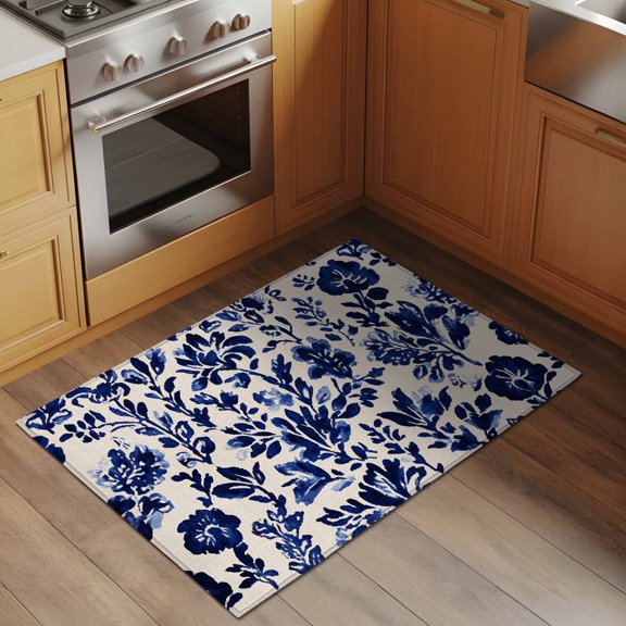 Area Rug 2x3ft Blue Flowers Pattern Washable Area Rugs for Living Room Linen Background Non-Slip Kitchen Mats Soft Carpet for Entryway, Bathroom, Office, and Home Decor