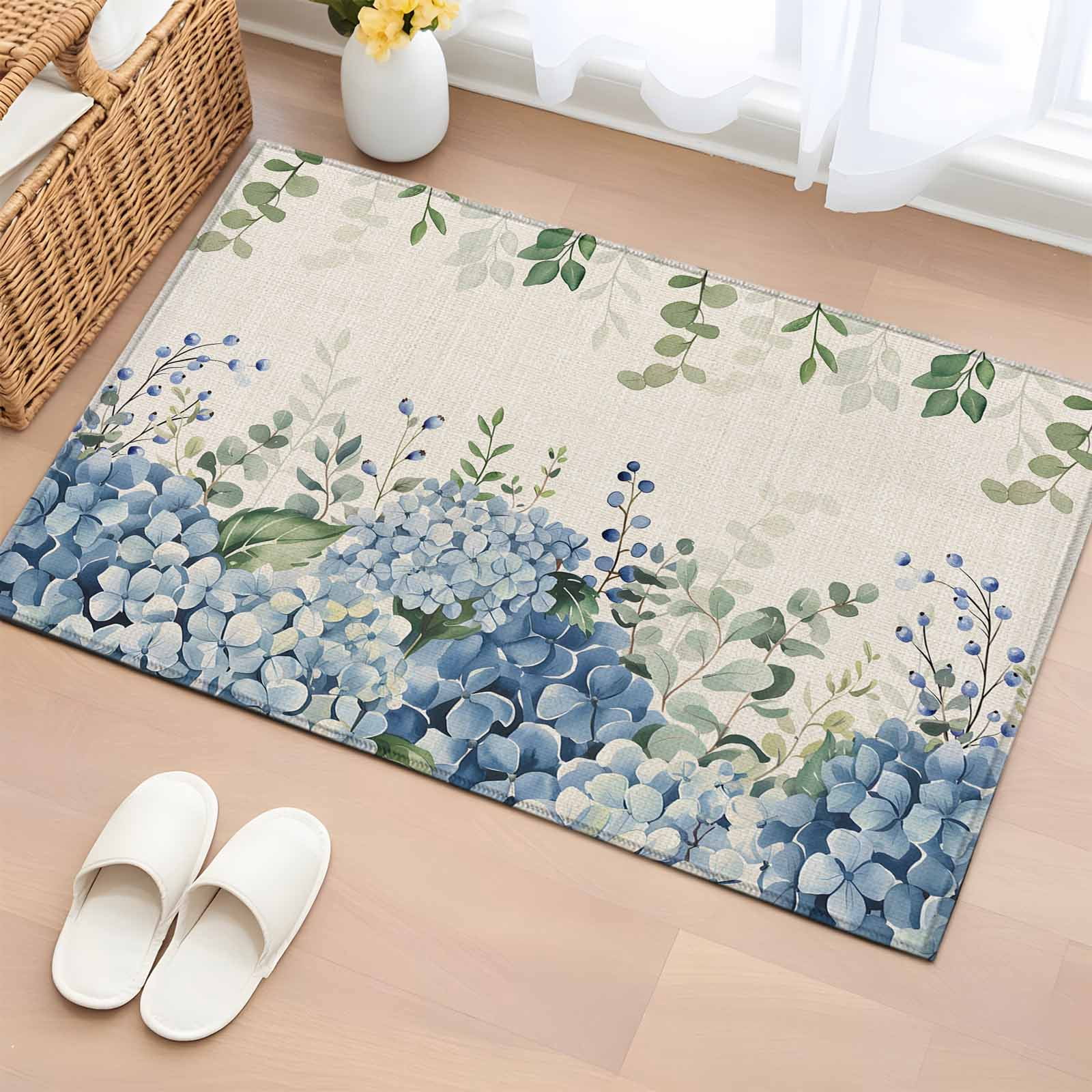 Area Rug 2x3ft, Blue Hydrangea Flower Green Eucalyptus Leaves Washable ...