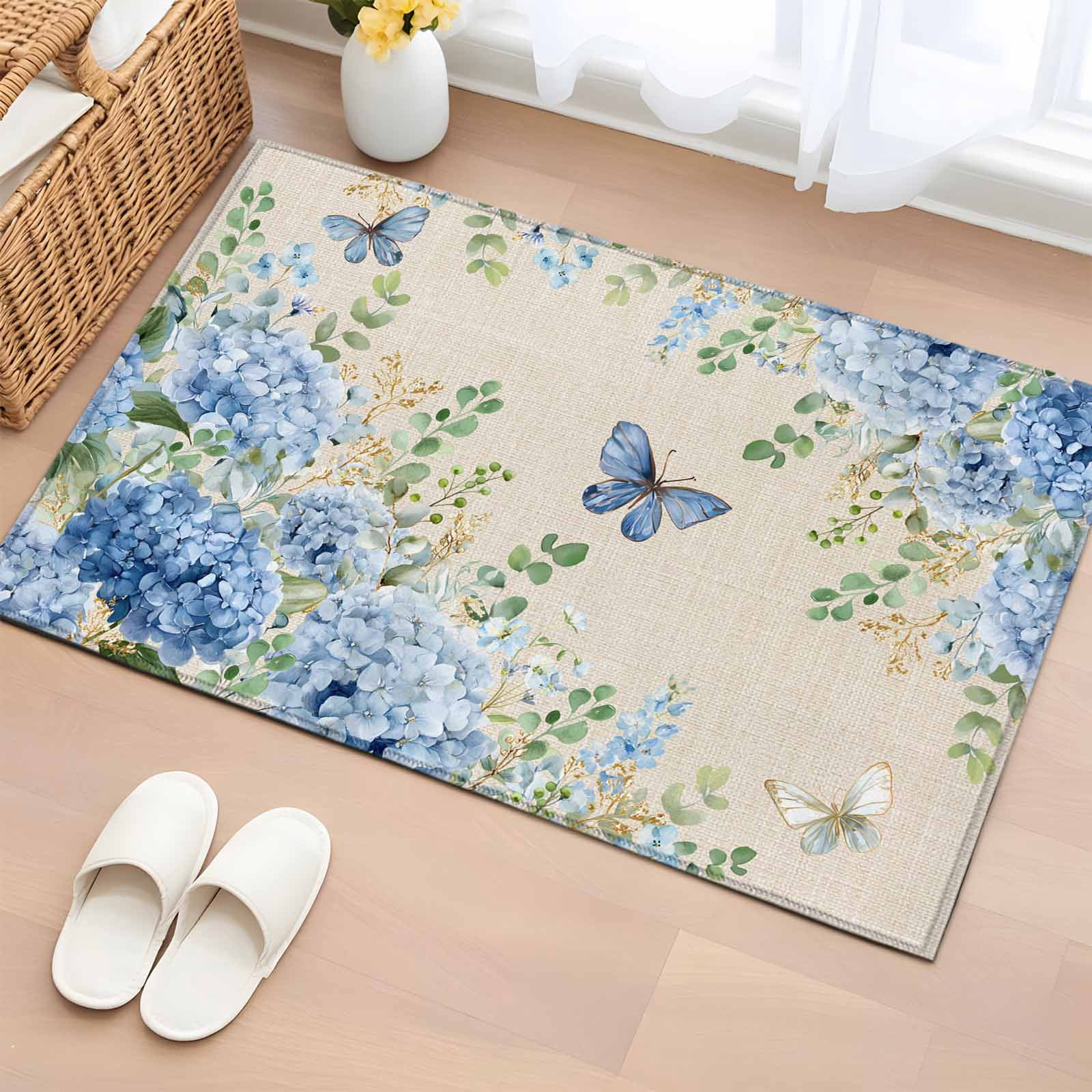 Area Rug 2x3ft, Blue Hydrangea Green Leaf Washable Rugs for Living Room ...