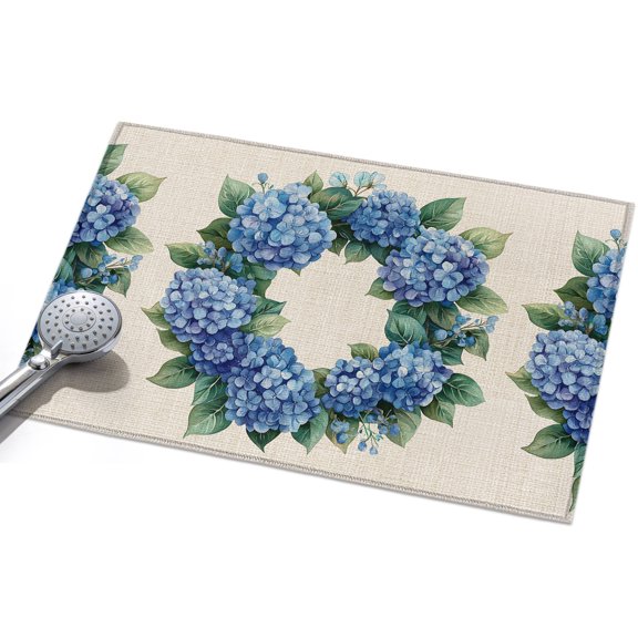 Area Rug 2x3ft Blue Hydrangea Wreath Washable Area Rugs for Living Room Linen Background Non Slip Floor Carpet Mat for Kitchen Entryway Bathroom Office Home Decor