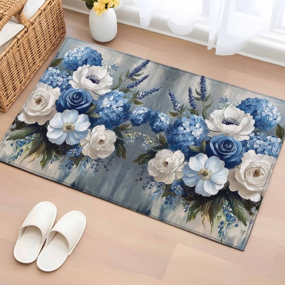 Area Rug 2x3ft Blue Hydrangeas Garden Flower Area Rugs Washable Low Pile Floor Carpet for Bedroom, Vintage Oil Painting Non Slip Soft Rugs for Living Room Entryway Dining Room