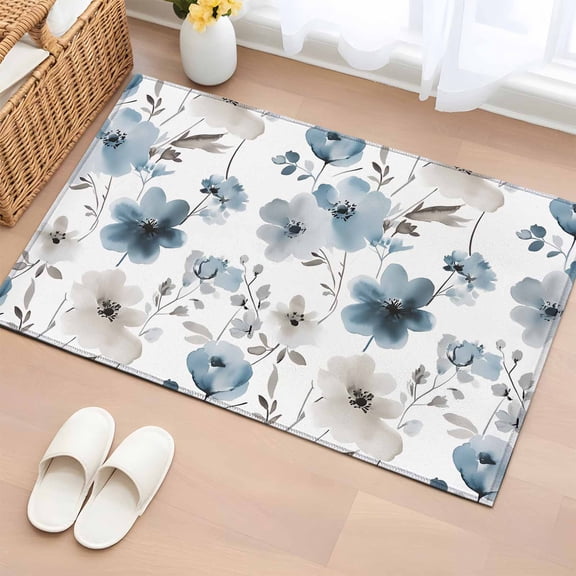 Area Rug 2x3ft Blue Light Brown Flower Leaves Area Rugs Washable Low Pile Floor Carpet for Bedroom, Spring Floral Non Slip Soft Rugs for Living Room Entryway Dining Room