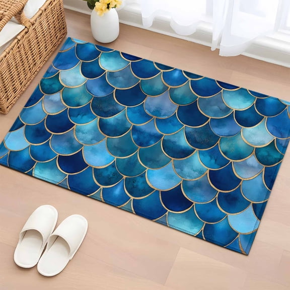 Area Rug 2x3ft Blue Mermaid Scales Carpets Indoor Floor Area Mat Doormat Entrance Mat Rugs for Entry Living Room Dining Room Kitchen Bedroom, Gold Waves Lines Sofa Throw Carpet