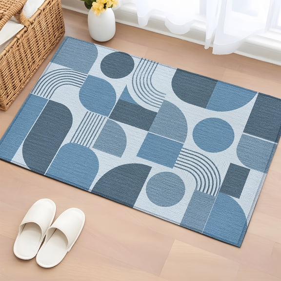 Area Rug 2x3ft Blue Quarter Circles Floor Entryway Rugs Indoor Floor Area Mat Carpets Doormat Entrance Mat for Entry Living Room Dining Room Kitchen, Modern Geometric Arch Lines Sofa Throw Carpet