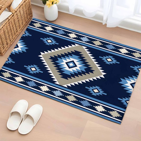 Area Rug 2x3ft Blue Tribal Geometric Carpets Indoor Floor Area Mat Doormat Entrance Mat Rugs for Entry Living Room Dining Room Kitchen Bedroom, Boho Vintage Native Abstract Sofa Throw Carpet