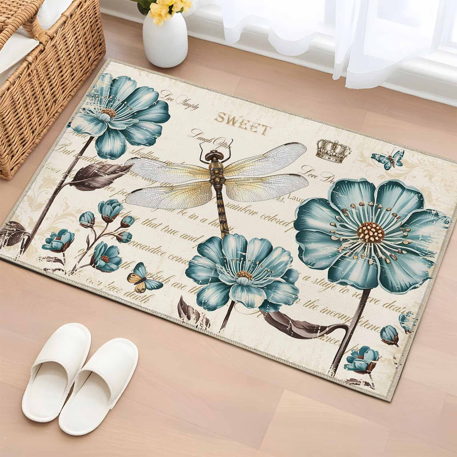 Area Rug 2x3ft, Blue Wildflowers Dragonfly Crown on Vintage Washable ...